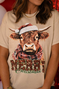 Highland Cow Faux glitter Merry Christmas Tee