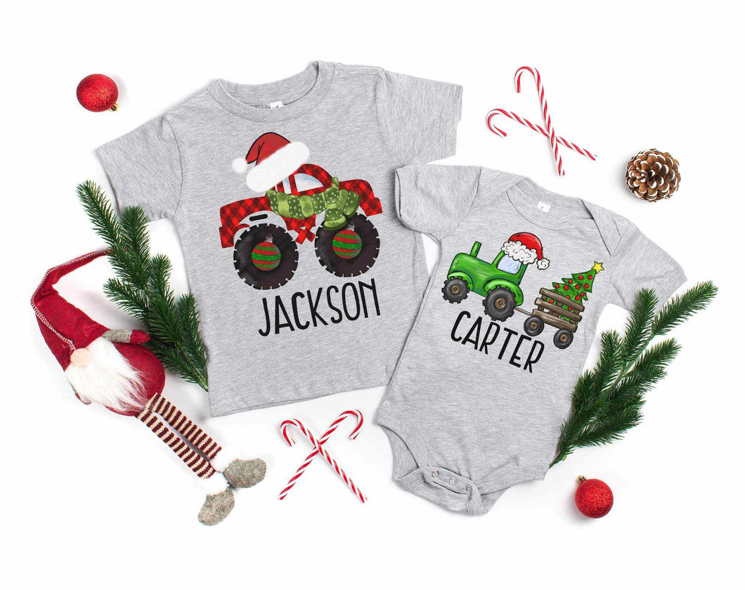 Personalized Christmas Truck And Tractor Graphic Tee