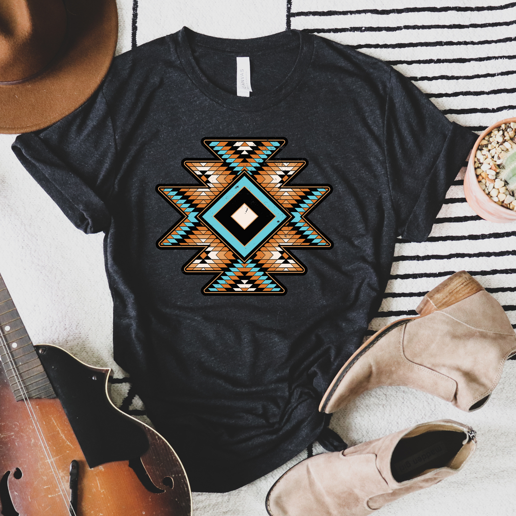 Teal and Tan Aztec Graphic Tee