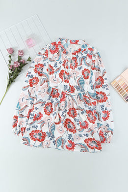 Red and Blue Floral Woven Peasant Top