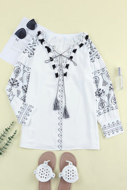 Printed Black and White Boho Embroidered Blouse