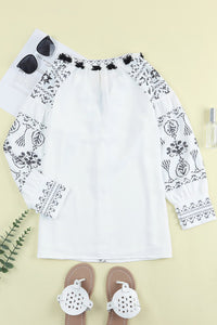 Printed Black and White Boho Embroidered Blouse