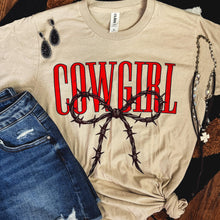 Load image into Gallery viewer, FestiviTees Women - Apparel - Shirts - T-Shirts Cowgirl Barbed Wire Bow Western Tee Soft Graphic Tee