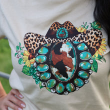 Load image into Gallery viewer, FestiviTees Women - Apparel - Shirts - T-Shirts Leopard Hat Turquoise Squash Blossom Soft Graphic Tee