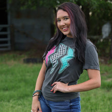 Load image into Gallery viewer, FestiviTees Women - Apparel - Shirts - T-Shirts Triple Lightning Bolt Turquoise Border Tee Soft Graphic Tee