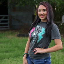 Load image into Gallery viewer, FestiviTees Women - Apparel - Shirts - T-Shirts Triple Lightning Bolt Turquoise Border Tee Soft Graphic Tee