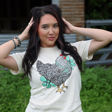 Load image into Gallery viewer, FestiviTees Women - Apparel - Shirts - T-Shirts Turquoise Chicken with Flowers Soft Graphic Tee