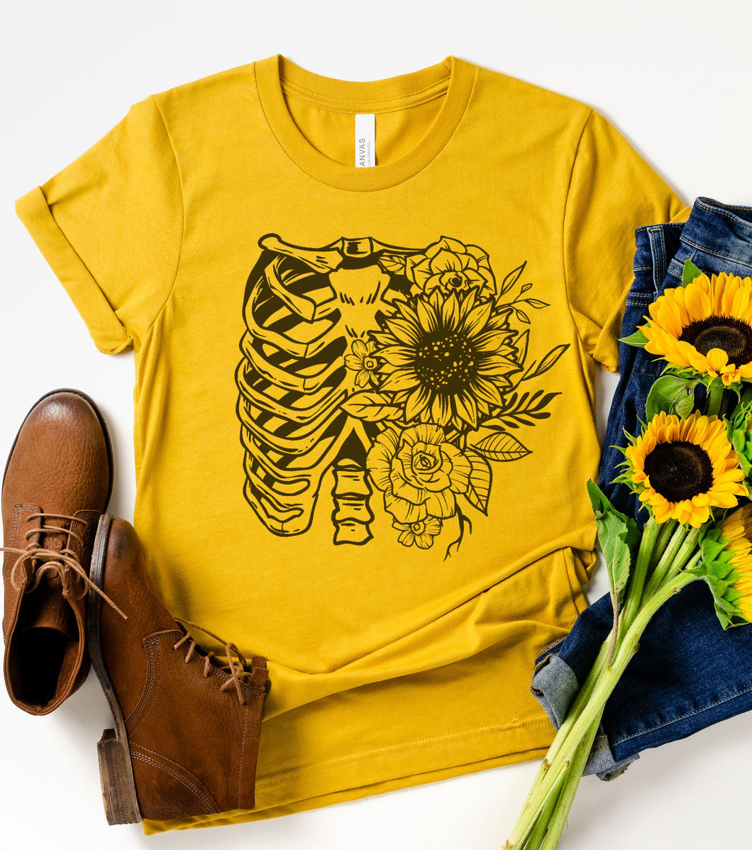 Sunflower Skeleton Rib Cage Graphic Tee