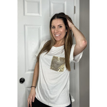 Load image into Gallery viewer, White T-Shirt With Gold Sequin Pocket