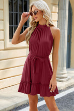 Load image into Gallery viewer, Ruched Grecian Neck Tie Waist Mini Dress