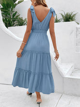 Load image into Gallery viewer, Tie Shoulder Smocked Waist Sleeveless Tiered Dress