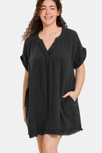 Load image into Gallery viewer, Zenana Full Size Raw Hem Notched Short Sleeve Mini Dress