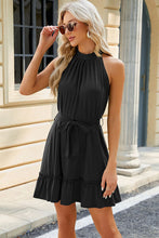 Load image into Gallery viewer, Ruched Grecian Neck Tie Waist Mini Dress